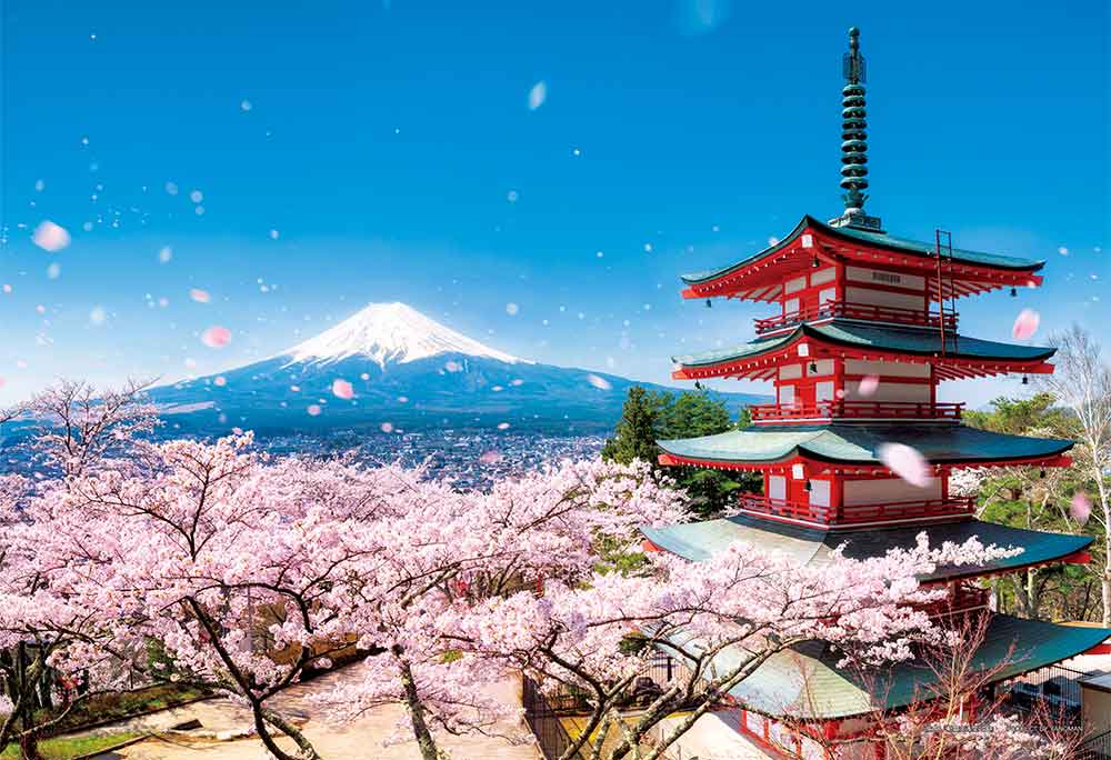 富士と桜吹雪の五重塔（山梨）